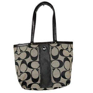 Coach Classic Signature Black Beige Canvas‎ Stripe Tote Shoulder Bag Purse